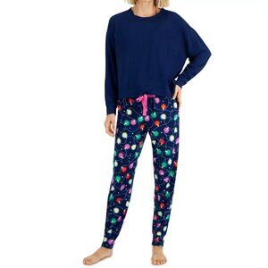 Jenni Women's 2-Piece Pajama Set, Navy Blue Christmas Lights